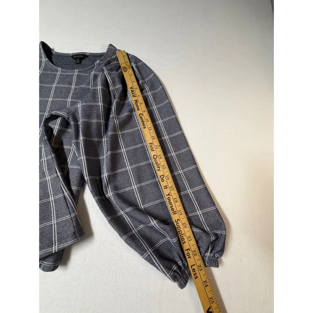 Banana Republic Windowpane Plaid‎ Puff Sleeve Knit Top Navy Womens M